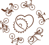 Bikeology Guild of Canada logo: a simple illustration of six different types of bicycles arranged in a circle with a bicycle cog intertwined with a heart