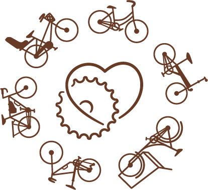 bikeology logo: various types of bikes arranged in a circle around an intersecting heart and bicycle cog