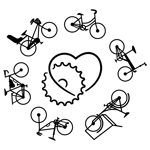 Bikeology Guild of Canada logo: a simple illustration of six different types of bicycles arranged in a circle with a bicycle cog intertwined with a heart