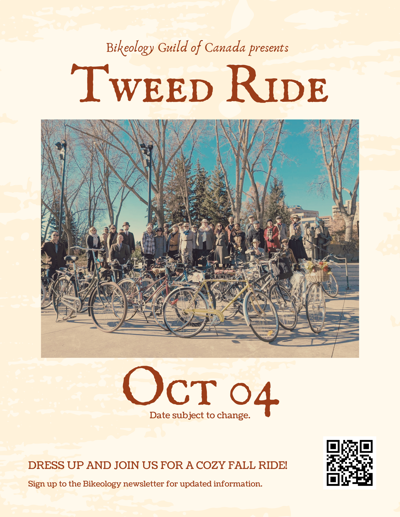 Tweed Ride Save The Date Flyer. Bikeology Guild of Canada presents: Tweed Ride. A fall photo of participants of the 2025 Vintage in Tweed with their bikes arranged in front of the group and trees, a couple of buil, and a blue sky as the backdrop.